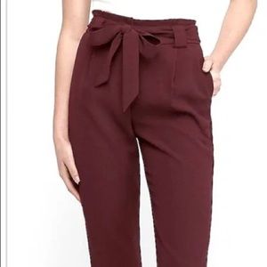 Express Petite (short) Maroon Paperbag Pants with Tie Belt